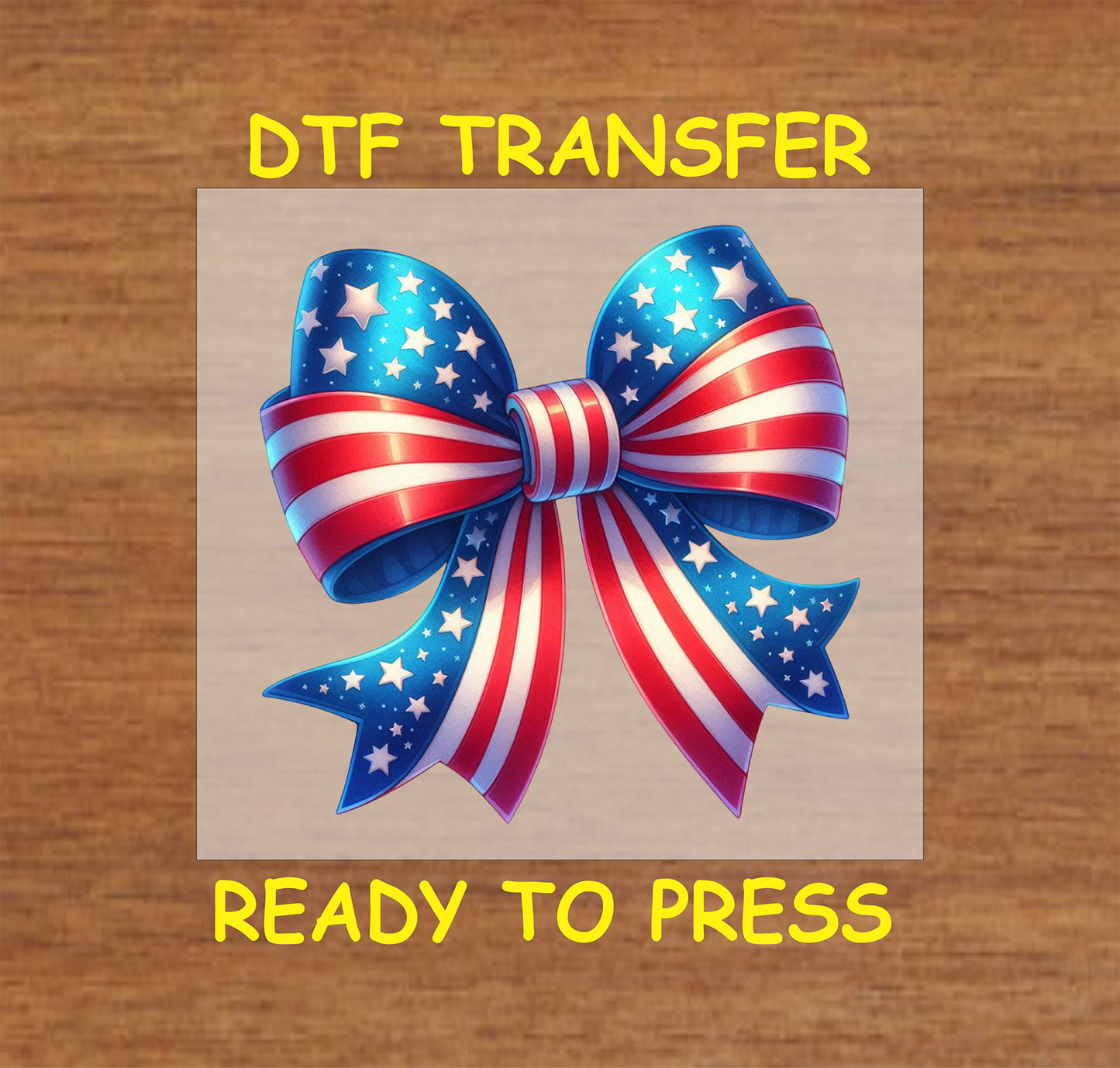 Patriotic bow DTF transfer in red, white, and blue with star details, ideal for Fourth of July designs.