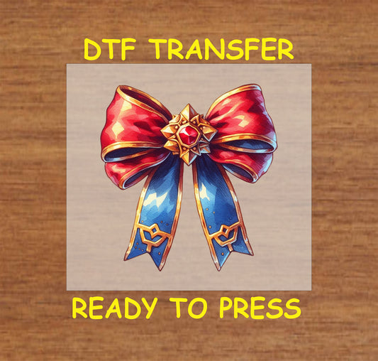 Patriotic bow DTF transfer in red, white, and blue with star details, ideal for Fourth of July designs.