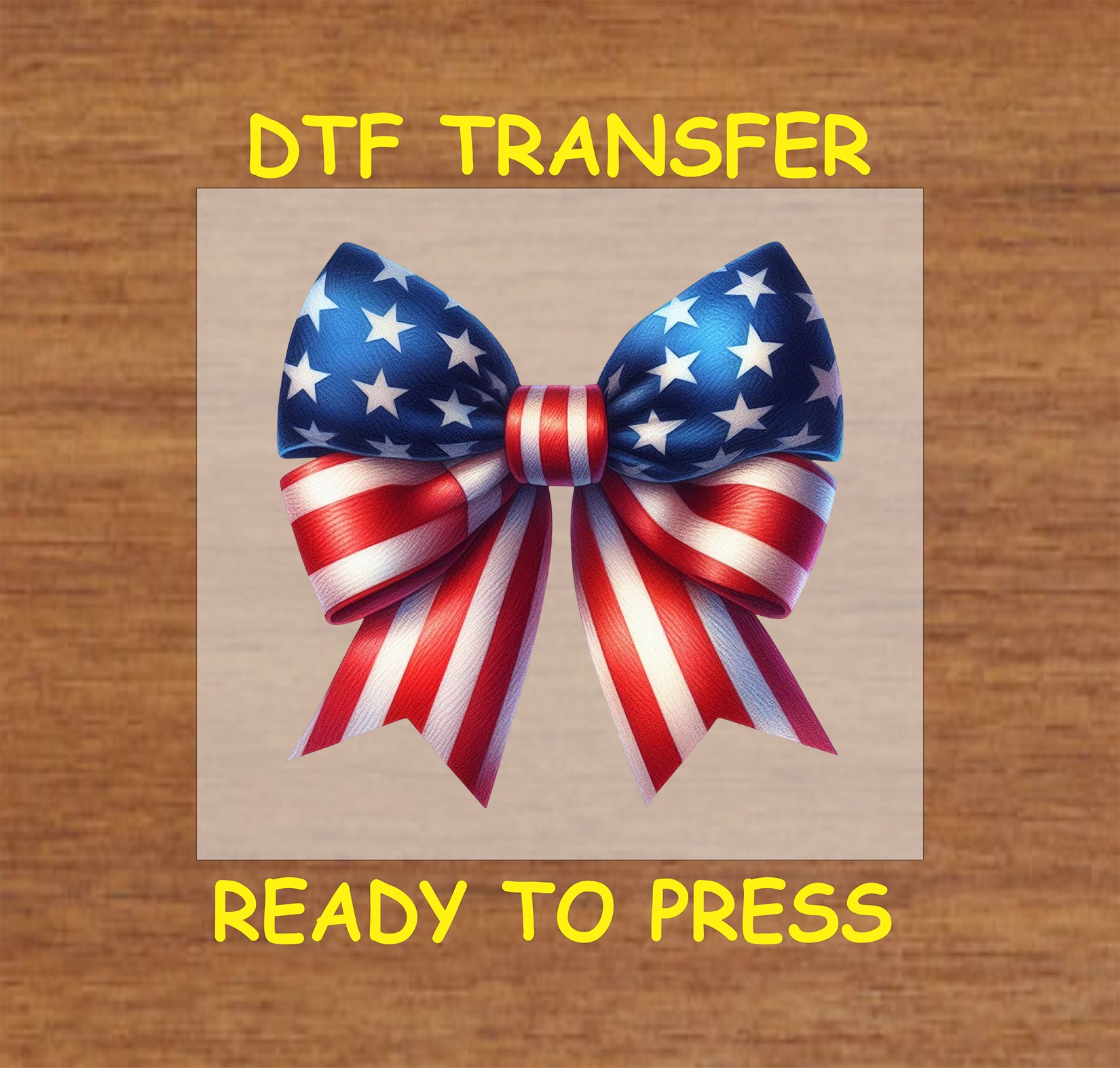 Patriotic bow with red, white, and blue ribbons and stars for a Fourth of July transfer.