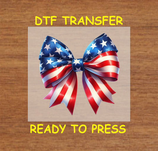 Patriotic bow design featuring red, white, and blue ribbons with stars and stripes for Fourth of July DTF transfer.