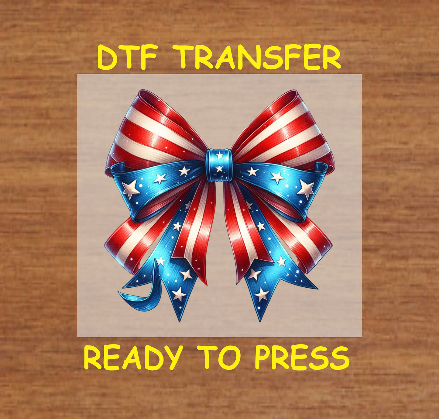 Red, white, and blue Patriotic bow with stars DTF transfer for Fourth of July.