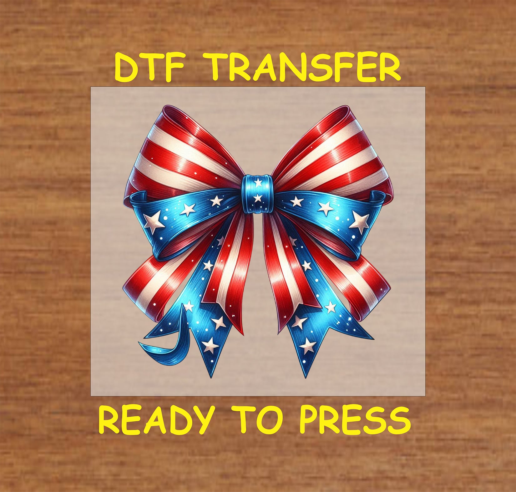Red, white, and blue Patriotic bow with stars DTF transfer for Fourth of July.