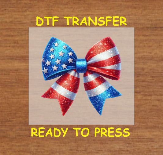 Red, white, and blue stars and stripes bow DTF transfer for Fourth of July.