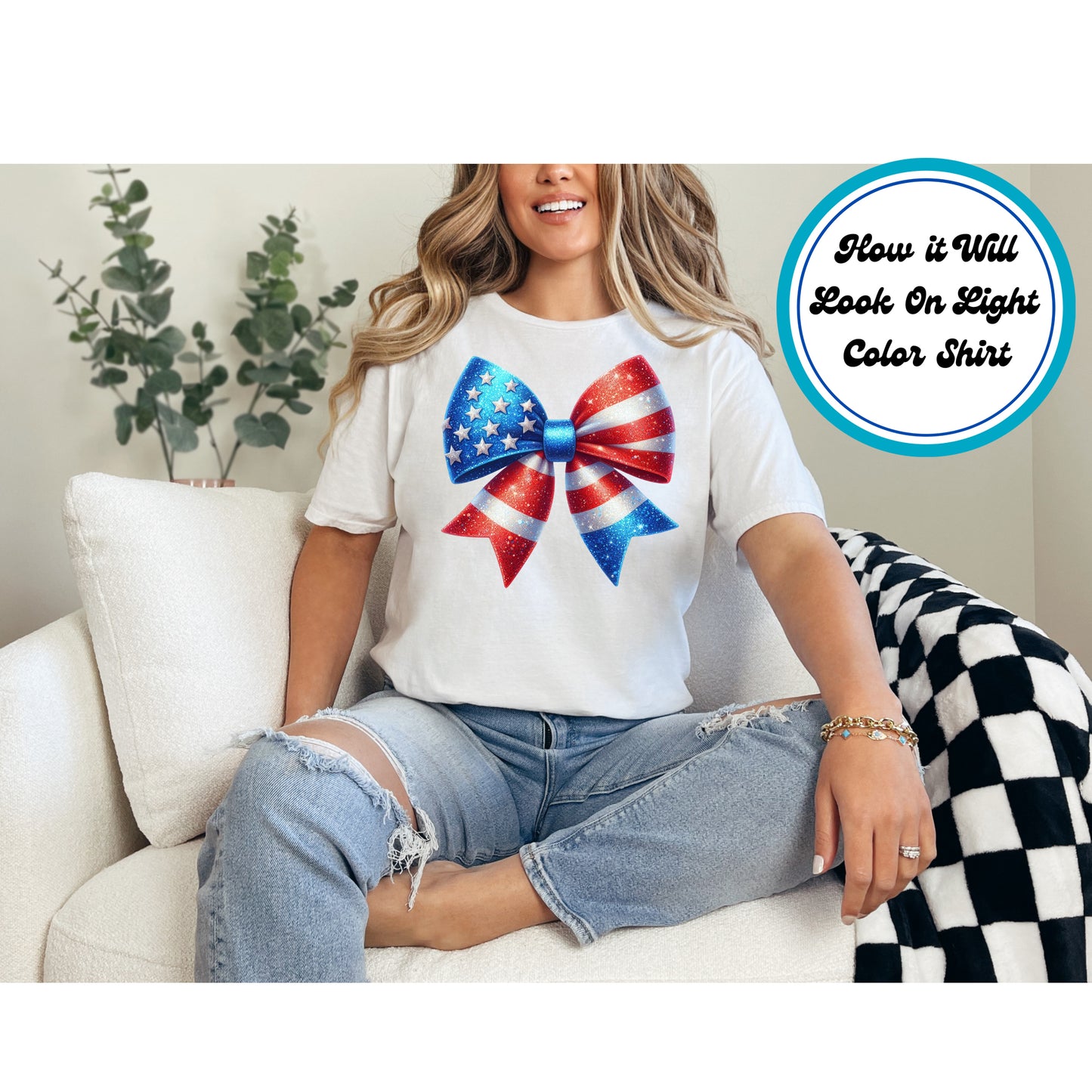 4th of July DTF Transfer Iron On Heat Transfer - Ready to Press, Glitter Patriotic Bow DTF Transfer | Ready to Press | 4th of July Design 4932