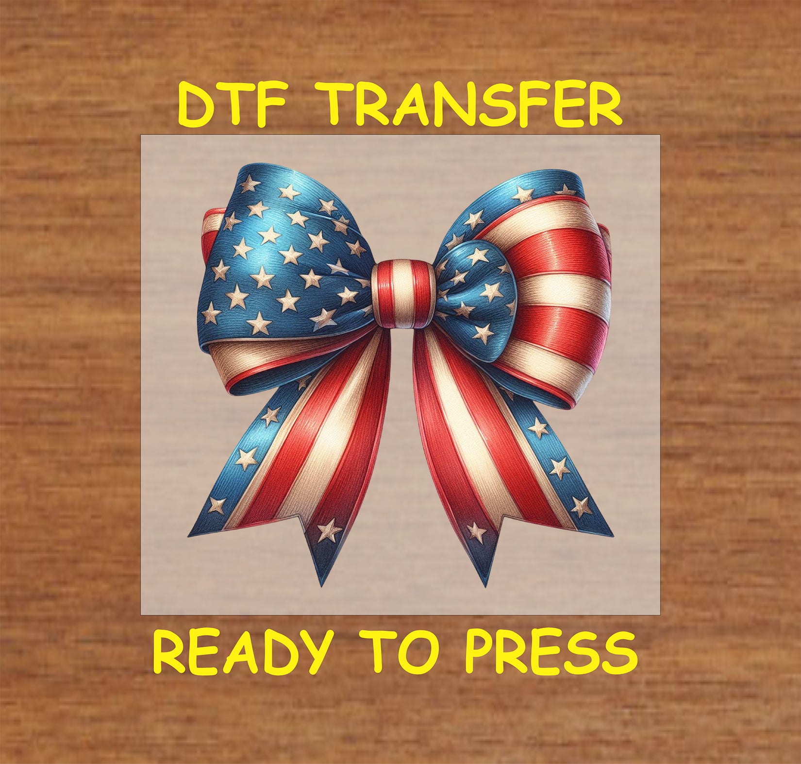 Red, white, and blue stars and stripes bow DTF transfer for Fourth of July.
