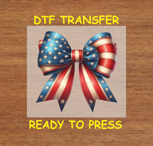 Red, white, and blue stars and stripes bow DTF transfer for Fourth of July.