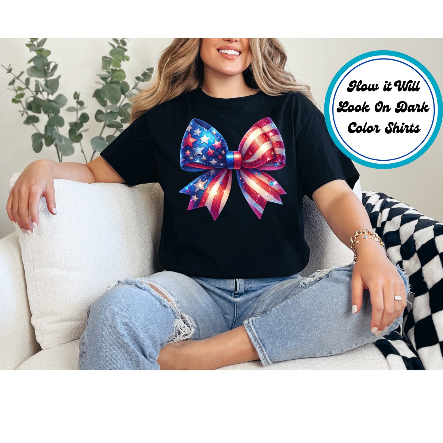 4th of July DTF Transfer Iron On Heat Transfer - Ready to Press, Glitter Patriotic Bow DTF Transfer | Ready to Press | 4th of July Design 4934