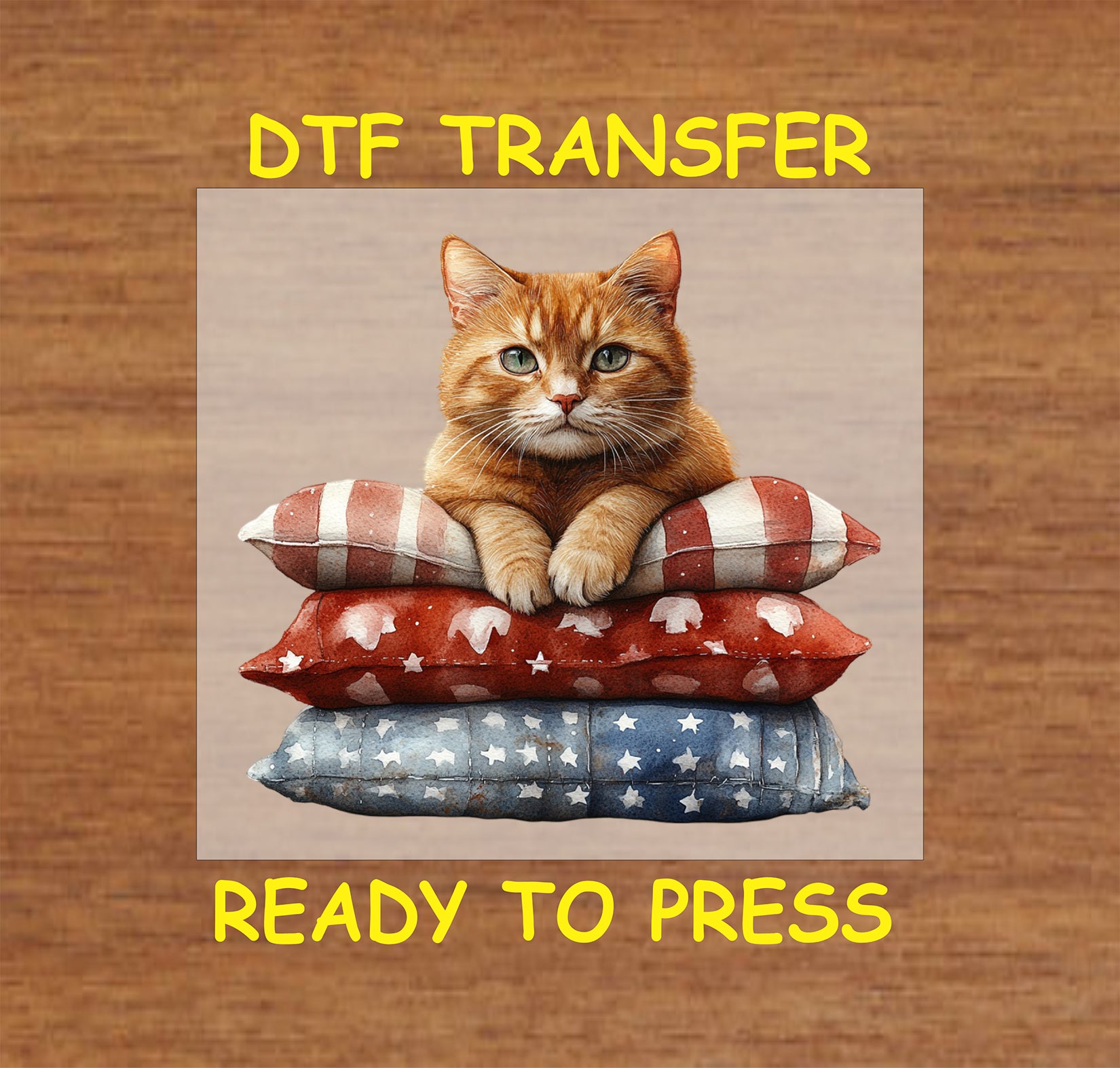 Ginger cat on patriotic red, white, and blue pillows DTF transfer for 4th of July.