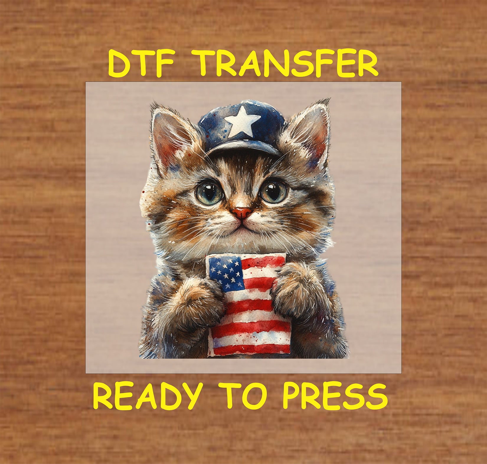 Kitten wearing a patriotic hat and holding an American flag DTF transfer.