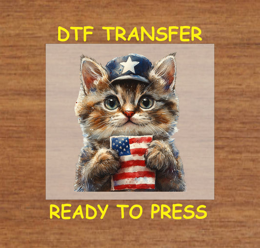 Kitten wearing a patriotic hat and holding an American flag DTF transfer.