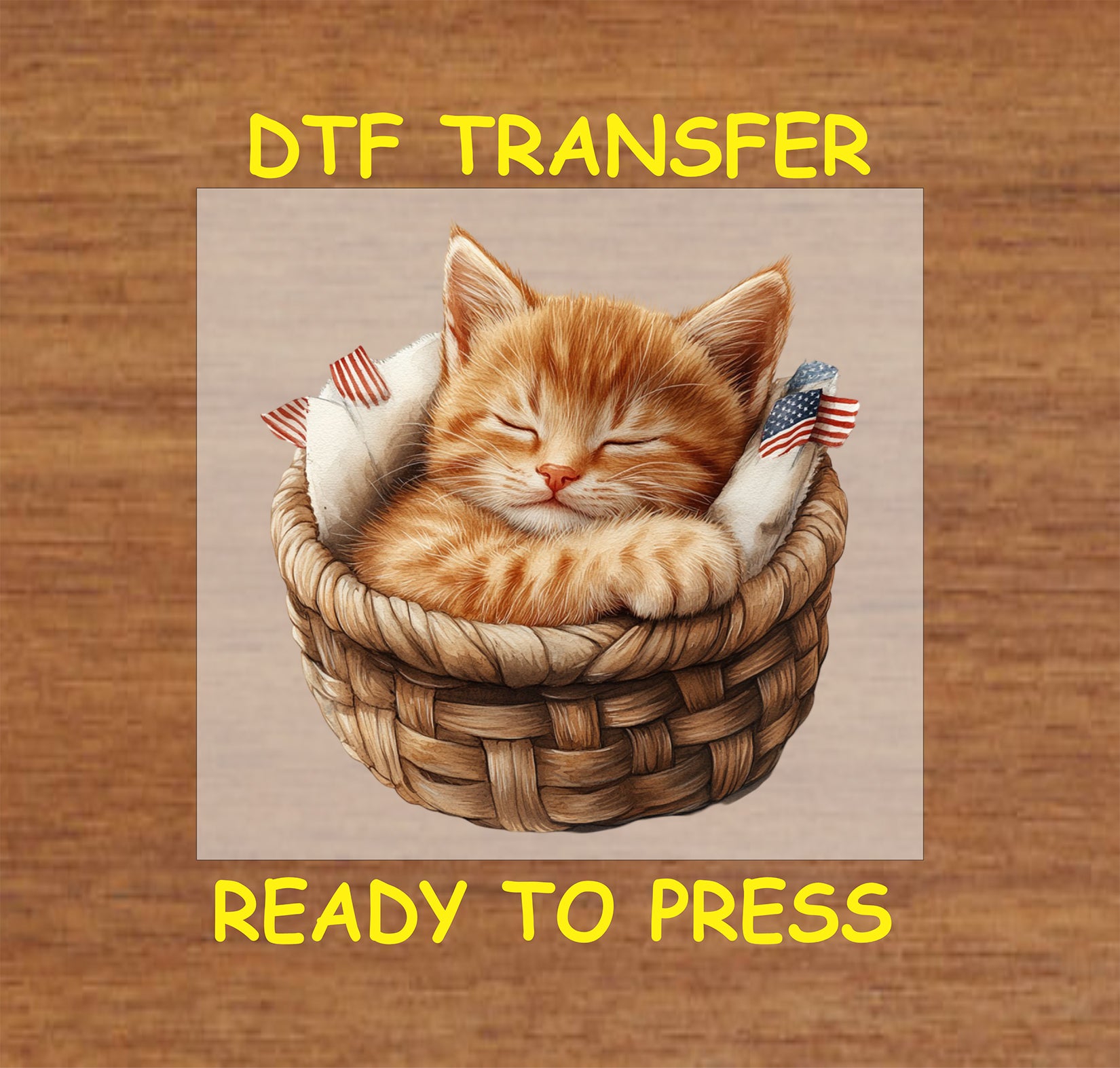 Sleeping ginger kitten in a basket with American flags DTF transfer.
