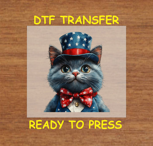 Cat wearing a star-spangled Uncle Sam hat and bow tie DTF transfer for 4th of July.