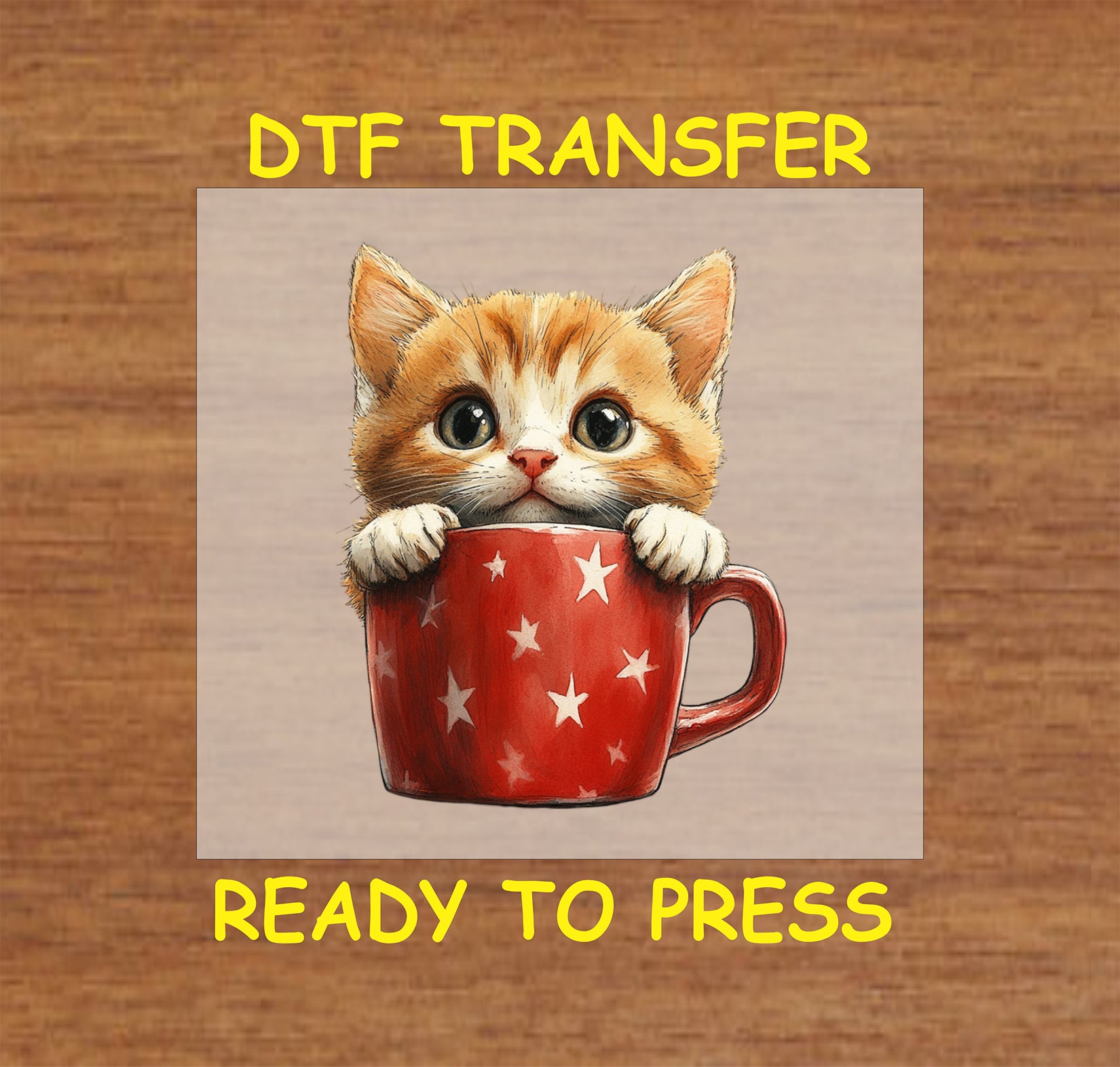 Ginger kitten peeking out of a red mug with white stars DTF transfer for 4th of July.