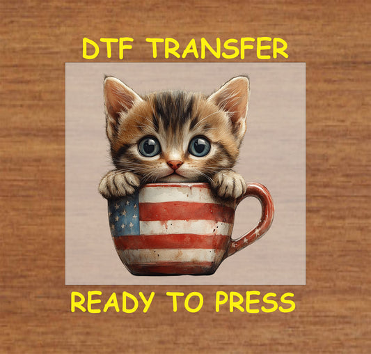 Tabby kitten peeking out of an American flag-themed mug DTF transfer for 4th of July.