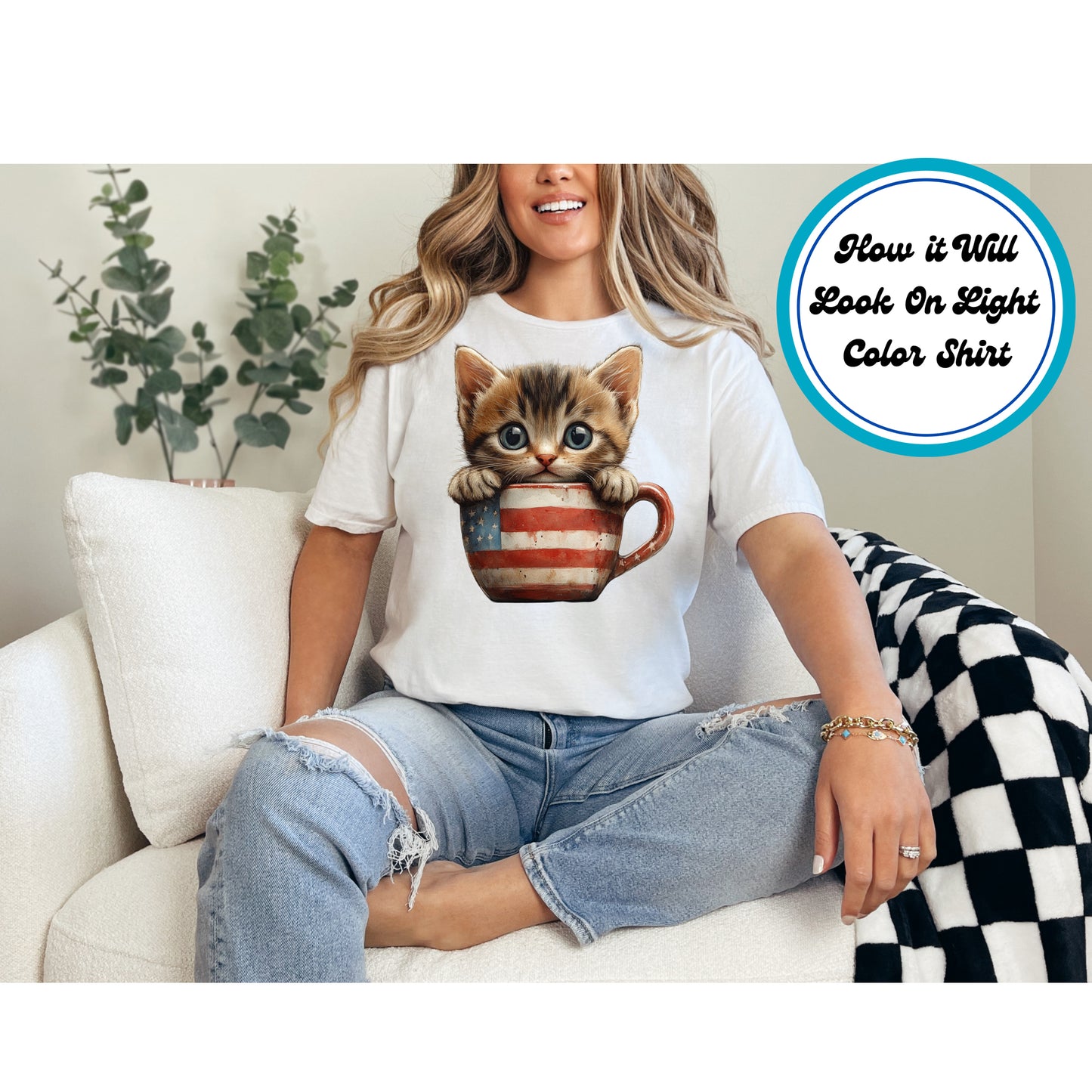 4th of July DTF Transfer Iron On Heat Transfer - Ready to Press, Patriotic Kitten in A Mug DTF Transfer | Ready to Press | 4th of July Design 4944