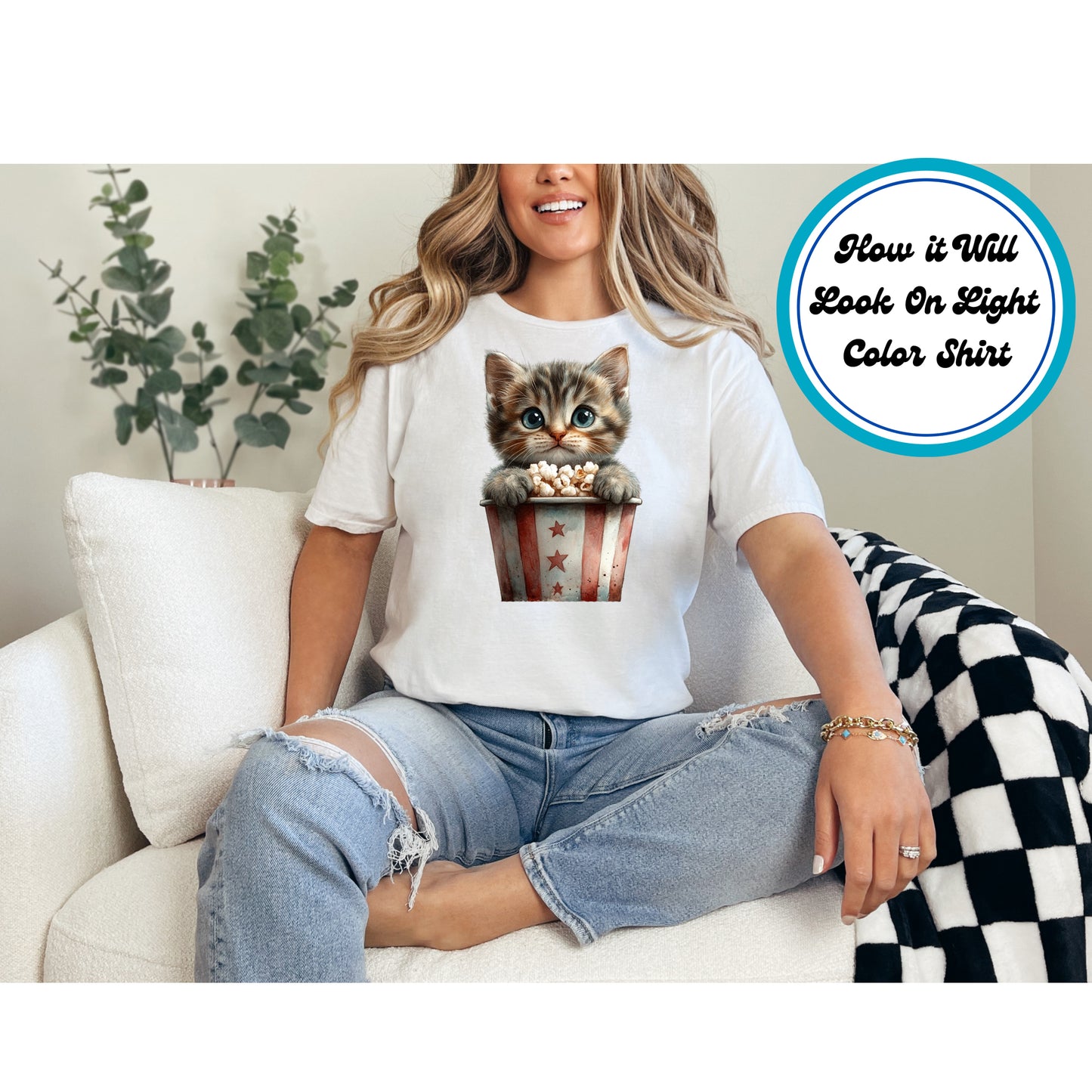 4th of July DTF Transfer Iron On Heat Transfer - Ready to Press, Popcorn Kitten DTF Transfer | Ready to Press | 4th of July Design 4947