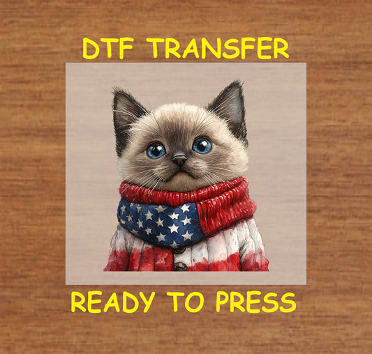 Siamese kitten wearing an American flag scarf and sweater DTF transfer for 4th of July.