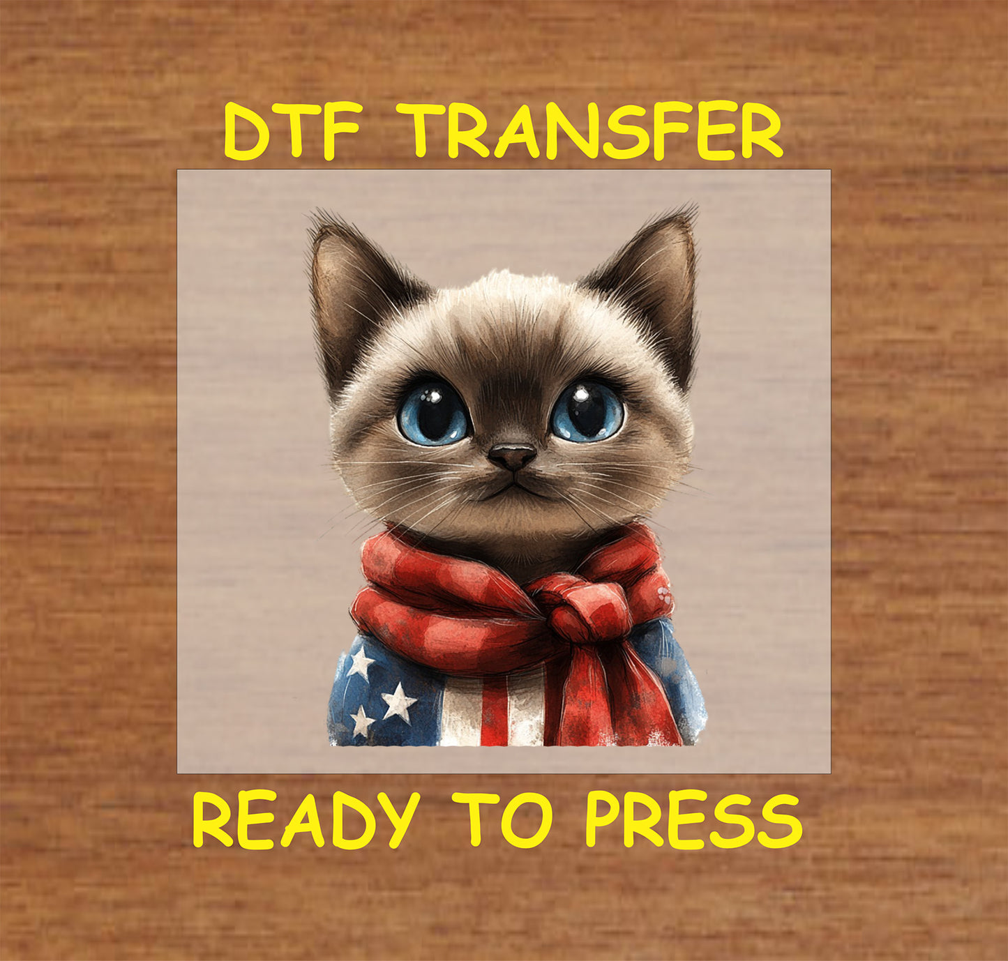 Siamese kitten wearing an American flag scarf and sweater DTF transfer for 4th of July.