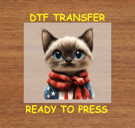 Siamese kitten wearing an American flag scarf and sweater DTF transfer for 4th of July.