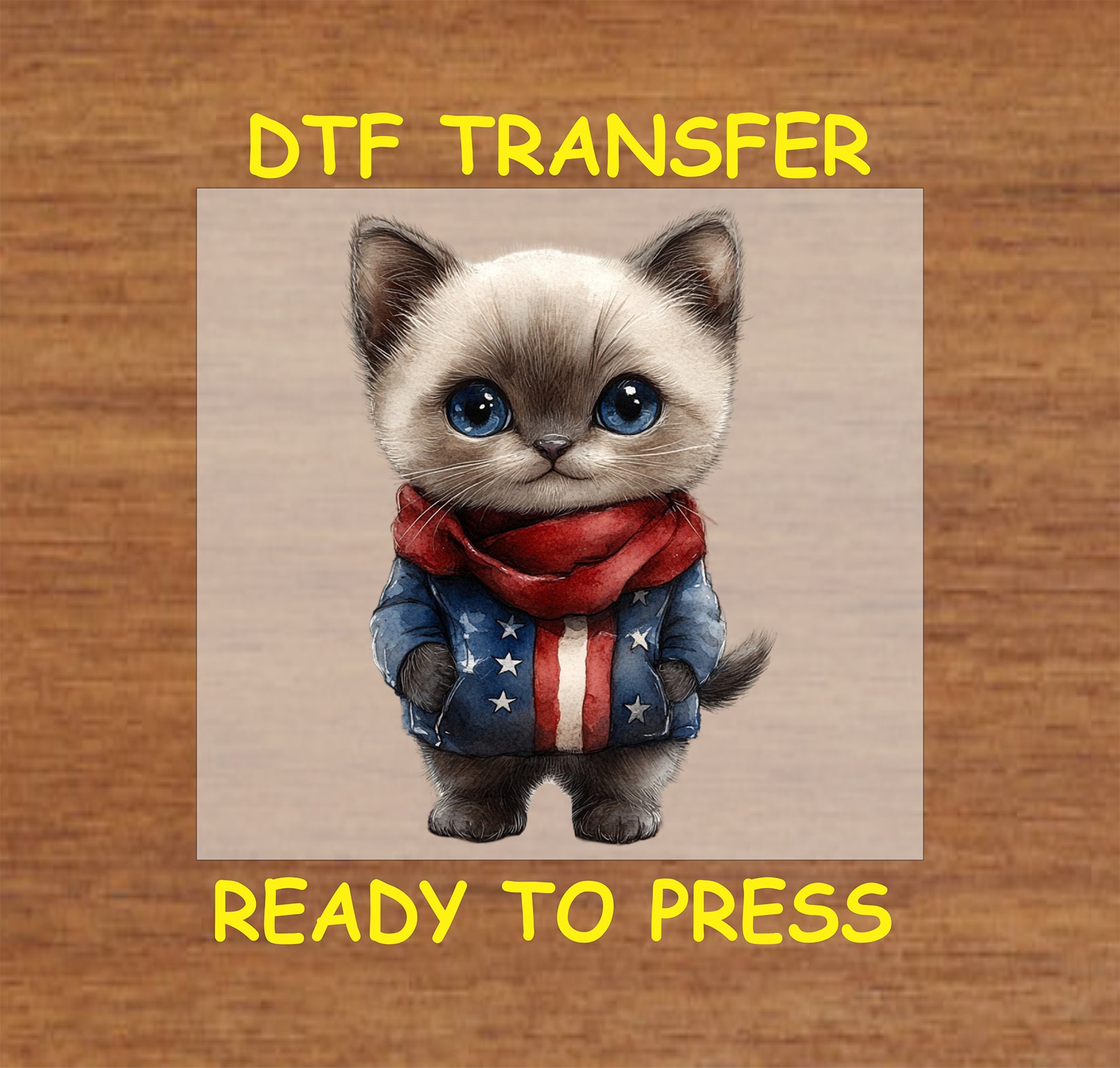 Siamese kitten wearing an American flag jacket and scarf DTF transfer for 4th of July.