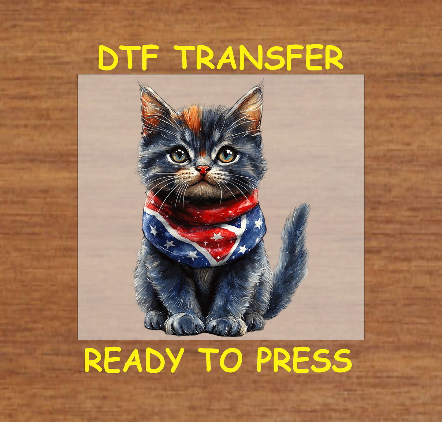 Kitten wearing an American flag bandana DTF transfer for 4th of July.