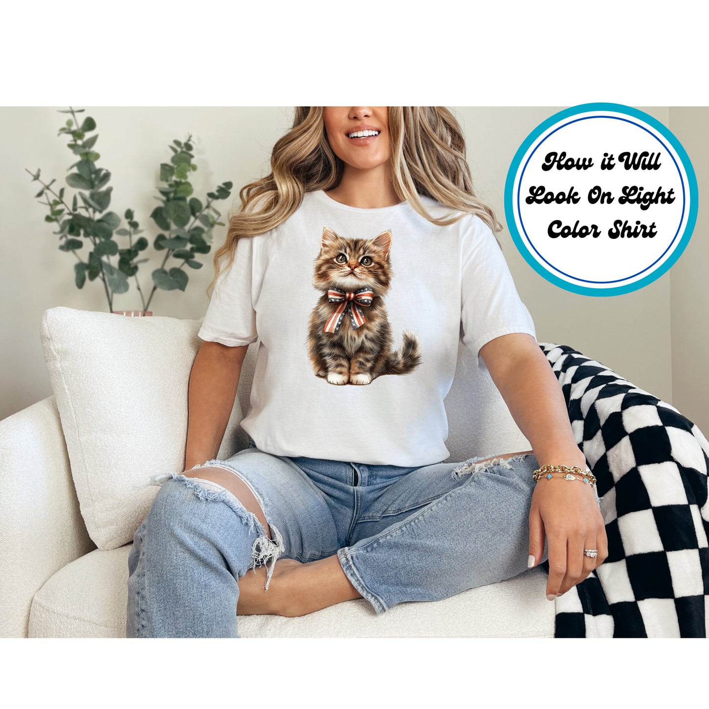 4th of July DTF Transfer Iron On Heat Transfer - Ready to Press, Fluffy Patriotic Kitten DTF Transfer | Ready to Press | 4th of July Design 4953