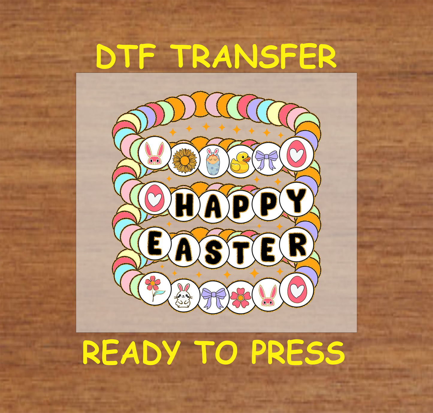 Pastel beaded bracelet stack with Easter charms and "Happy Easter" text DTF transfer.