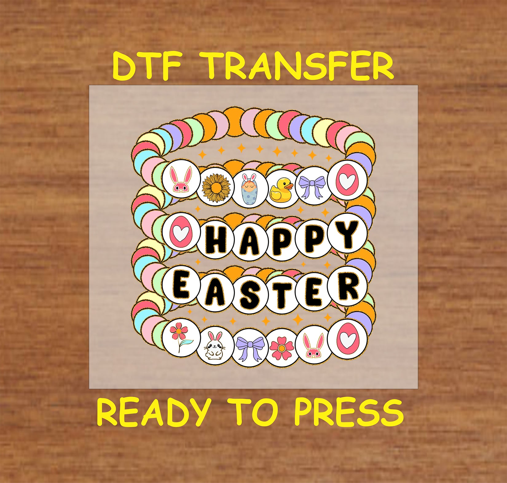 Pastel beaded bracelet stack with Easter charms and "Happy Easter" text DTF transfer.