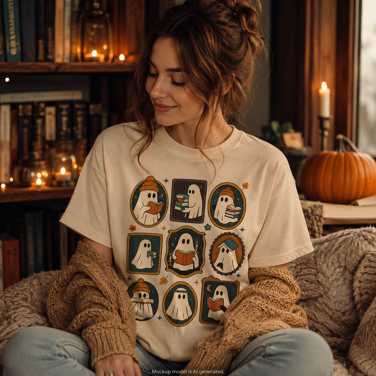 A woman sitting in a cozy room wearing a cream-colored graphic t-shirt with a ghost-themed Halloween print, layered with a chunky brown knit cardigan.