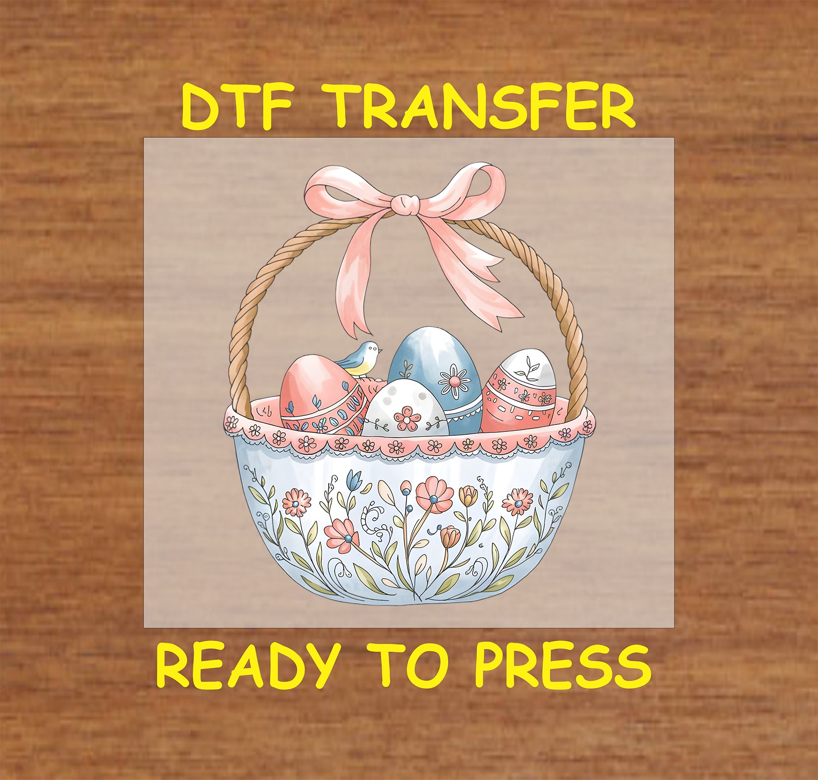 Floral Easter basket DTF transfer with pastel eggs, flowers, and a pink bow.