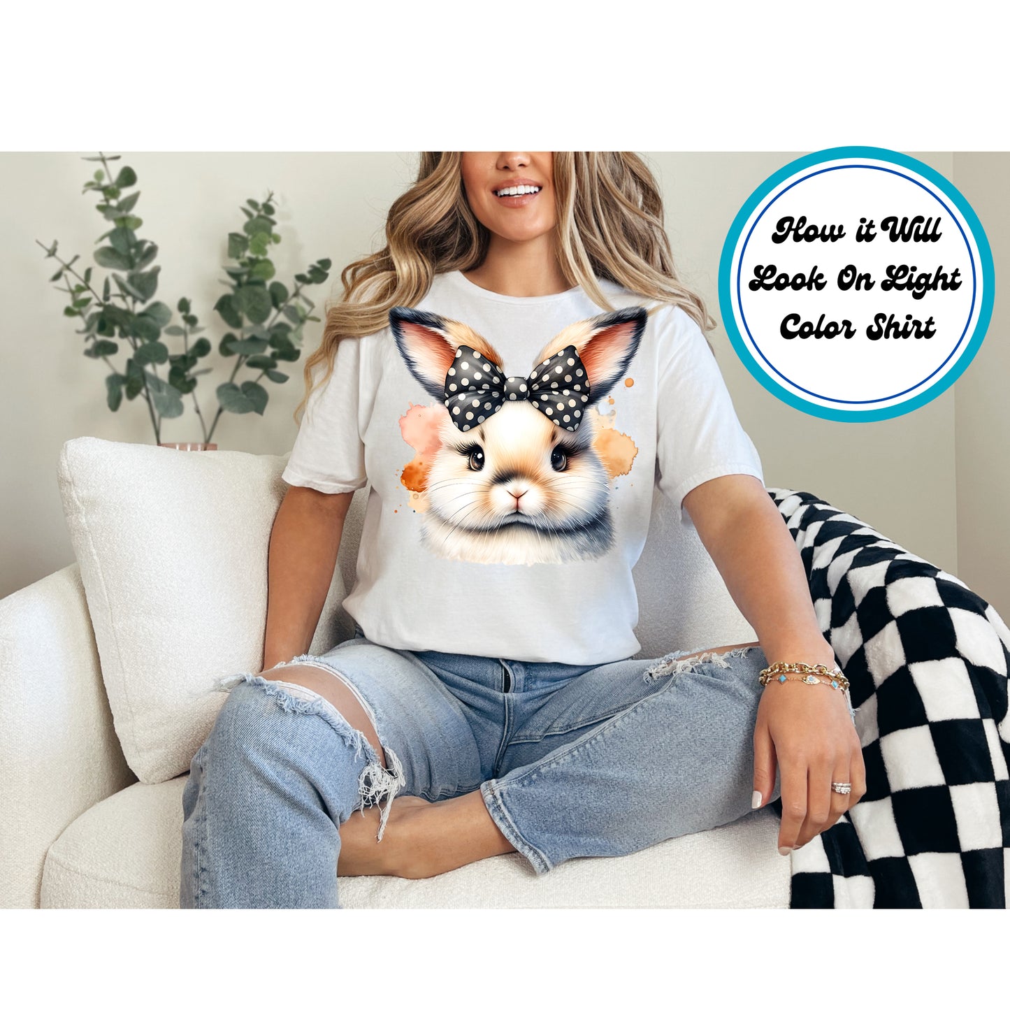 Easter DTF Transfer Iron On Heat Transfer - Ready to Press, Bunny With Polka Dot Bow DTF Transfer | Ready to Press | Easter Design 4993