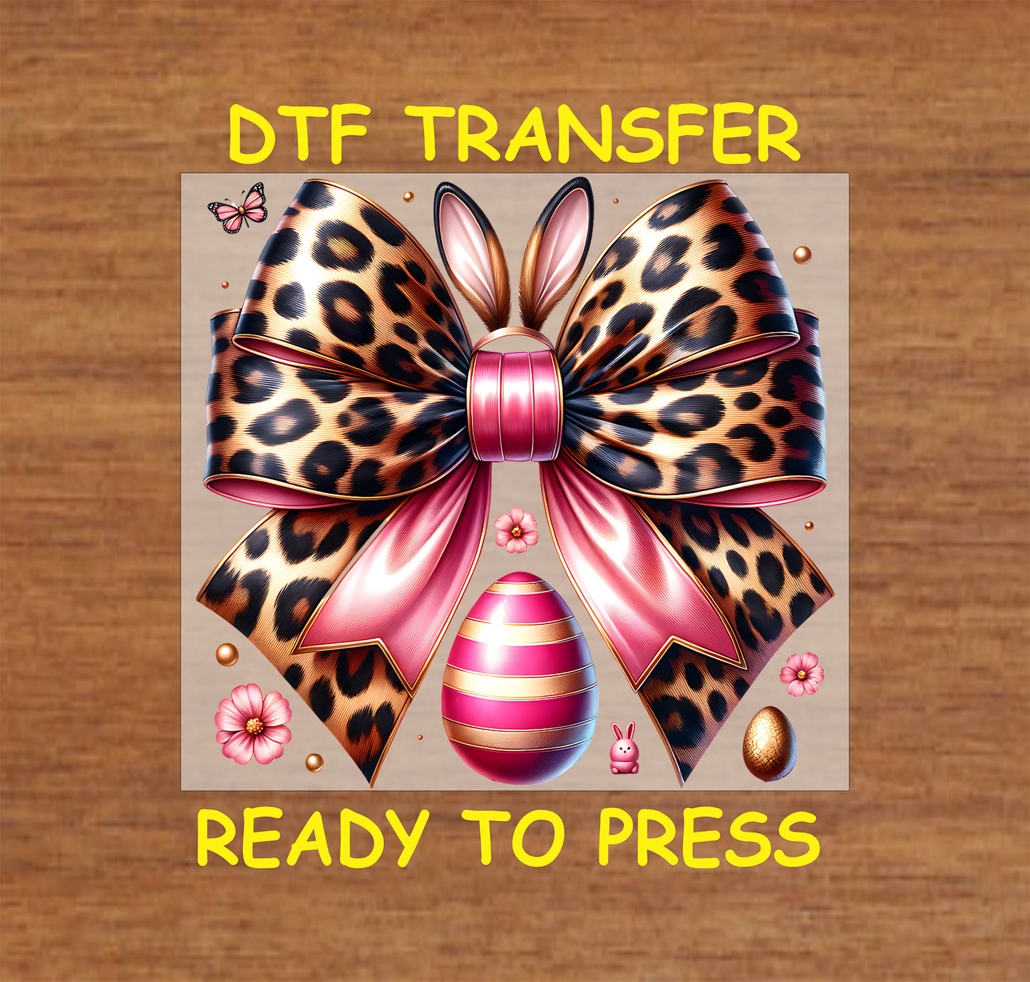 Leopard print Easter bow with bunny ears, a pink-striped egg, and floral details.