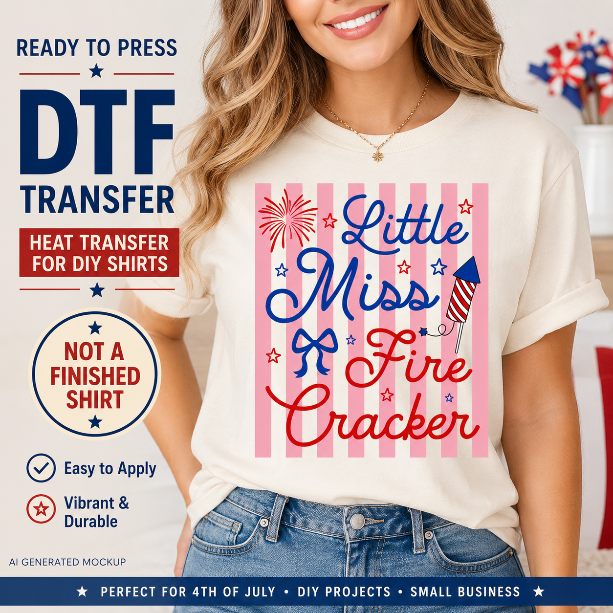 Woman wearing a t-shirt with 'Little Miss Firecracker' design, promotional text for DTF transfers.