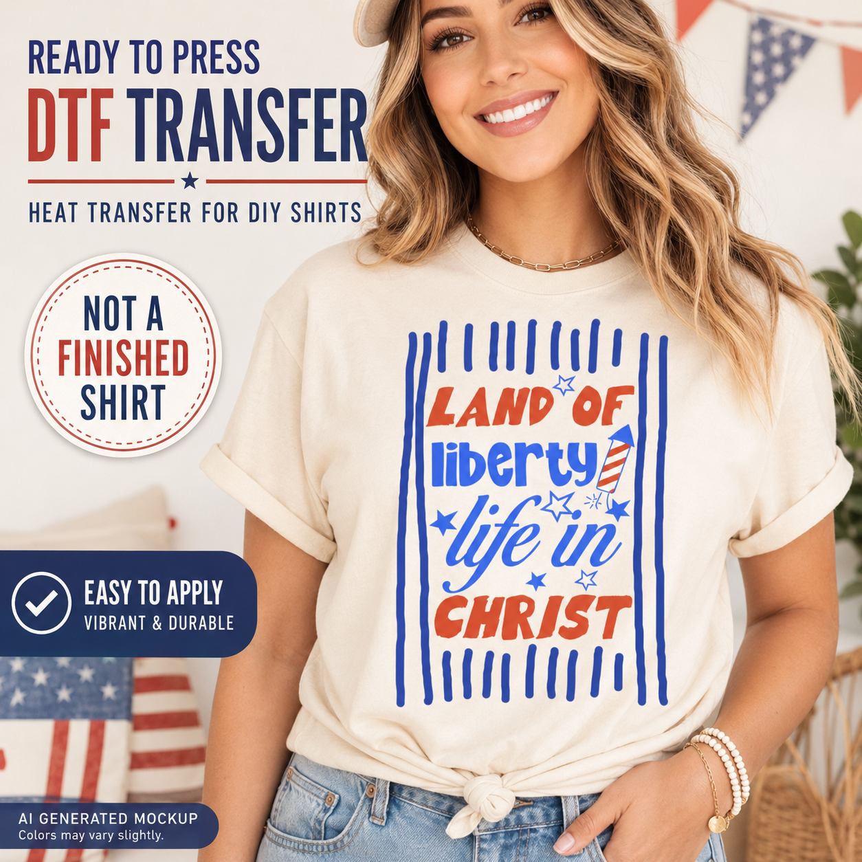 Woman wearing a t-shirt with 'Land of Liberty, Life in Christ' design, promotional text for DTF transfer heat press.