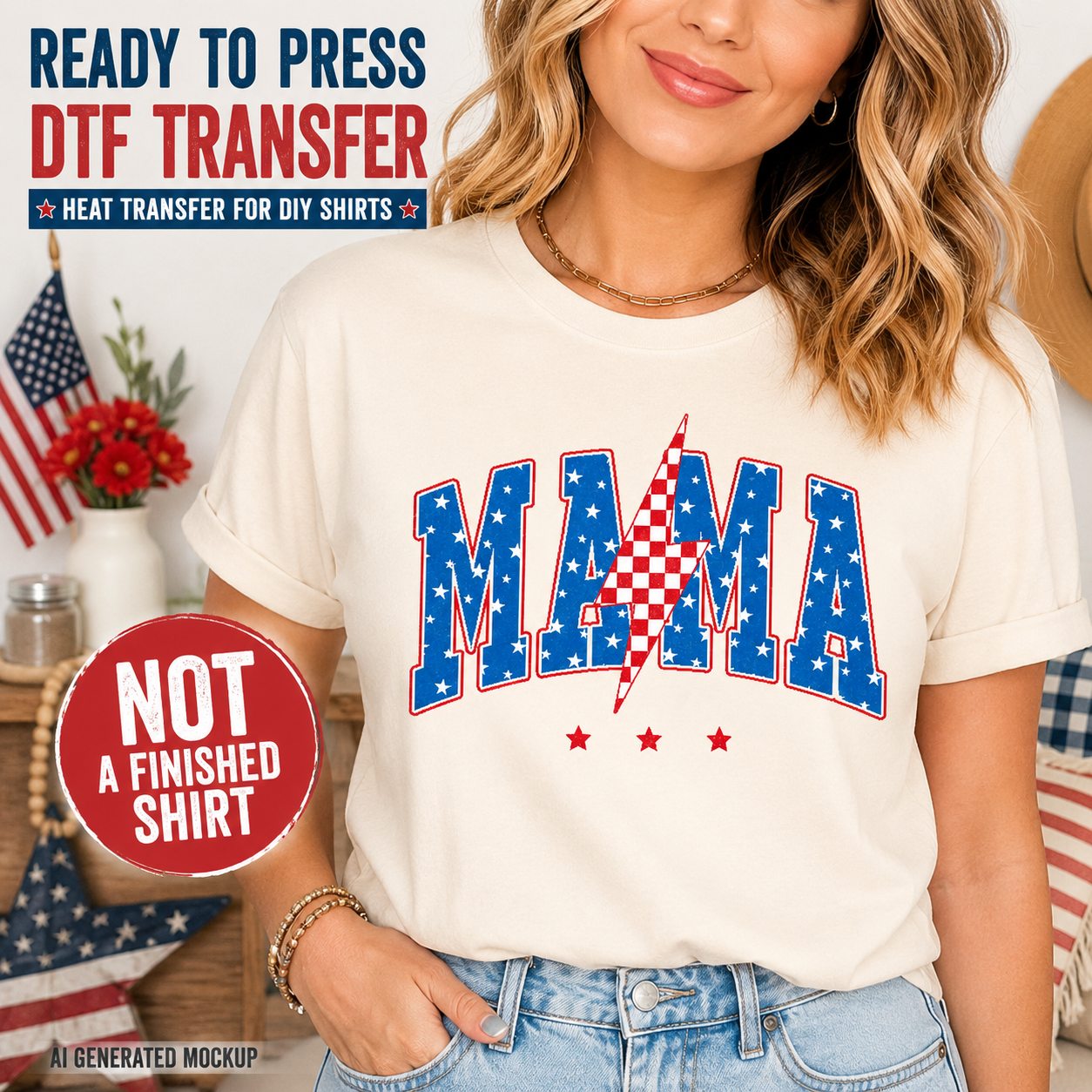 Woman wearing a t-shirt with 'MAMA' printed on it, with text about DTF transfers.