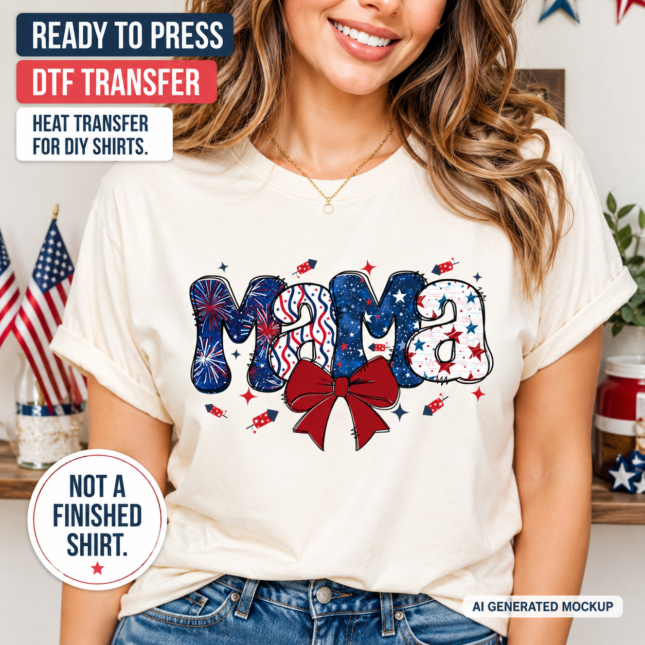 Woman wearing a t-shirt with 'MAMA' design, surrounded by American flags and decor.