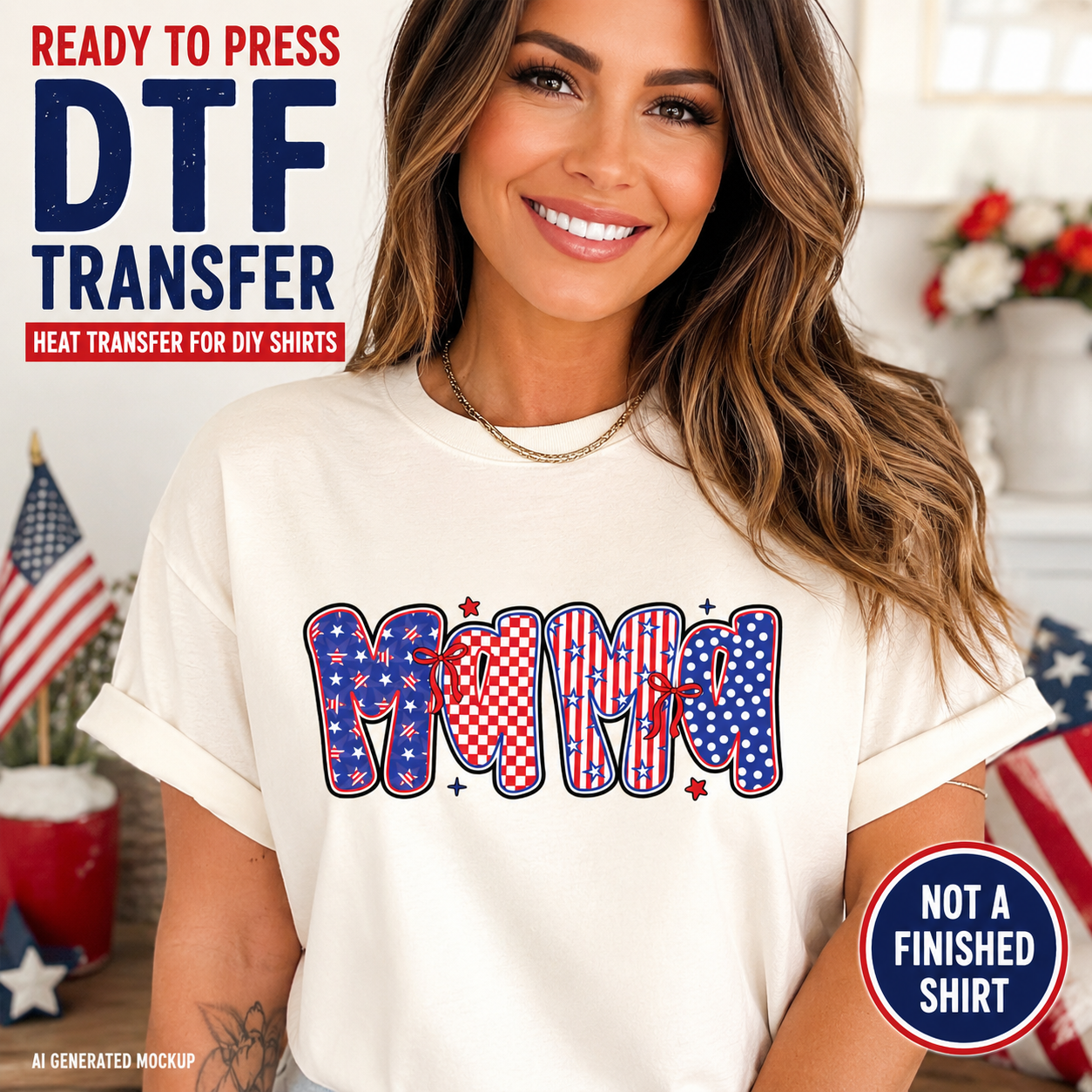 Woman wearing a white t-shirt with 'MAMA' printed in red, white, and blue, with text about DTF transfers.
