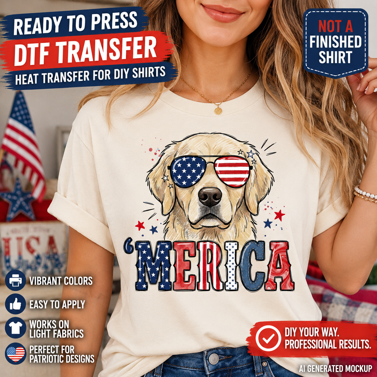 T-shirt with a dog wearing sunglasses and 'MERICA text, suitable for DTF transfer.