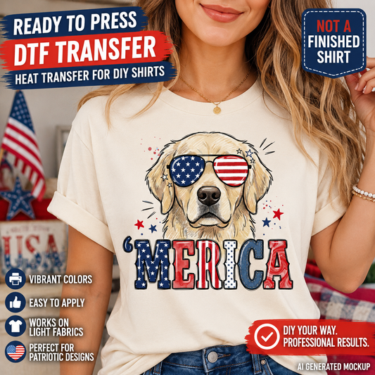 T-shirt with a dog wearing sunglasses and 'MERICA text, suitable for DTF transfer.
