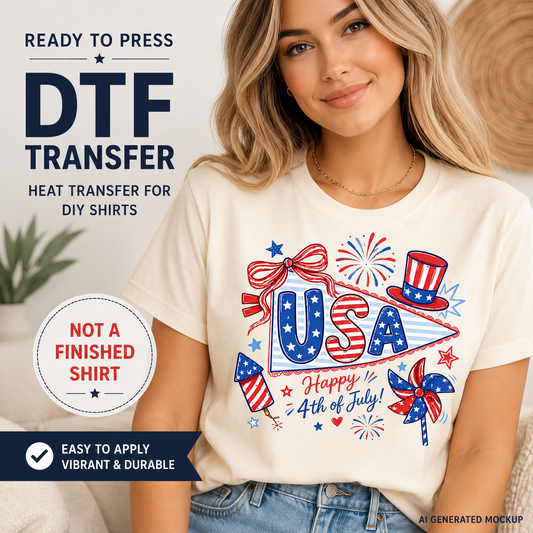 Woman wearing a t-shirt with 'USA Happy 4th of July!' design, promotional text for DTF transfer heat press.