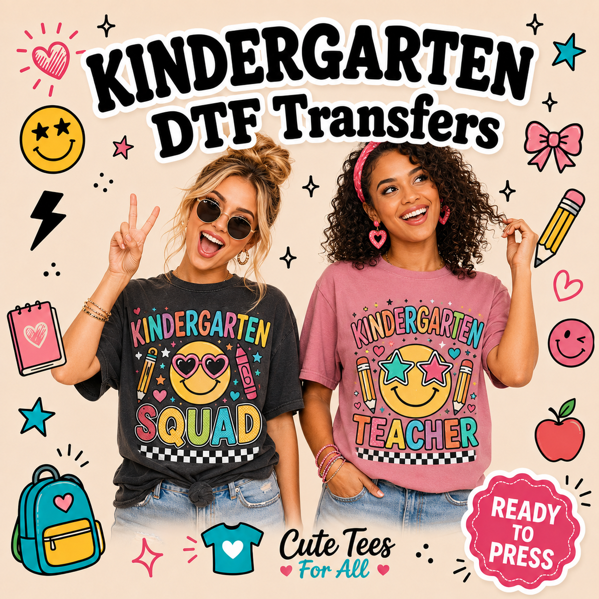 Kindergarten DTF transfers collection featuring two diverse female models wearing colorful kindergarten teacher shirts with school-themed graphics and ready-to-press branding.