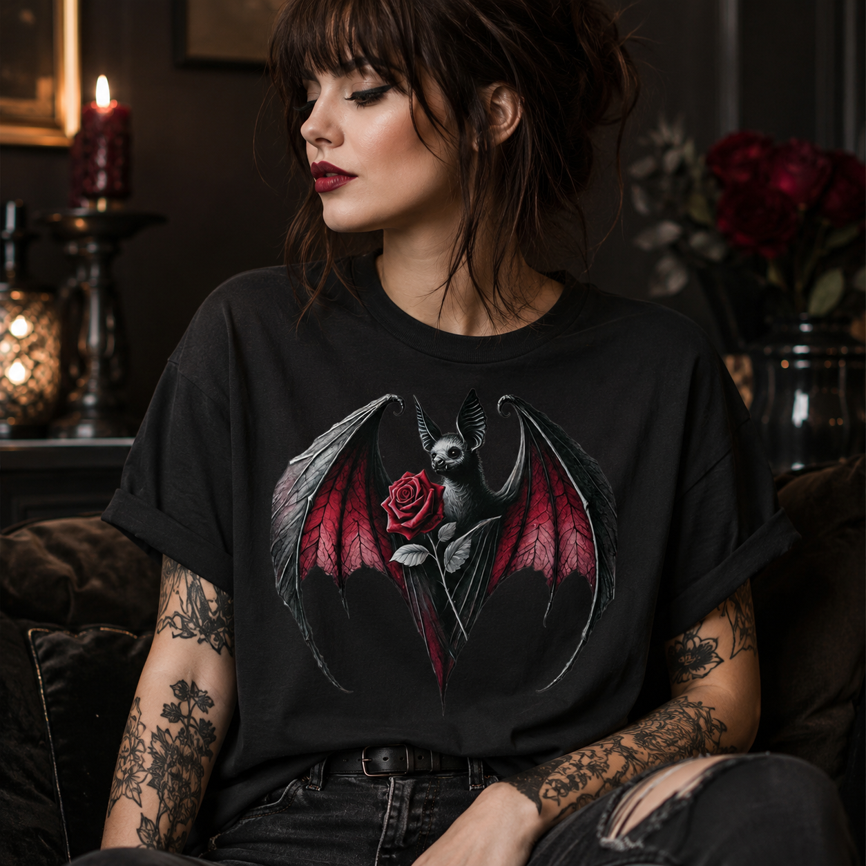 A woman with tattoos wearing a black graphic t-shirt featuring a gothic bat design with red wings and a red rose, set in a dark, moody room.