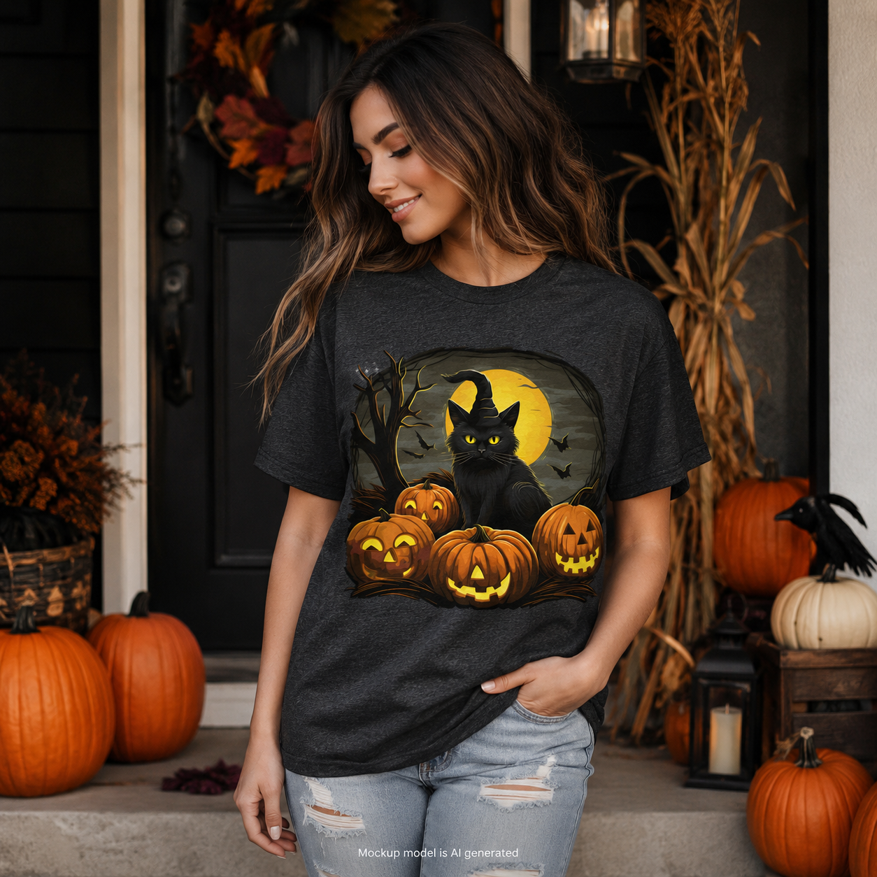 A woman wearing a dark gray heather graphic t-shirt featuring a black cat with a witch hat sitting among glowing jack-o'-lantern pumpkins in front of a full moon. She is posing on a decorated Halloween porch with pumpkins and fall decorations.