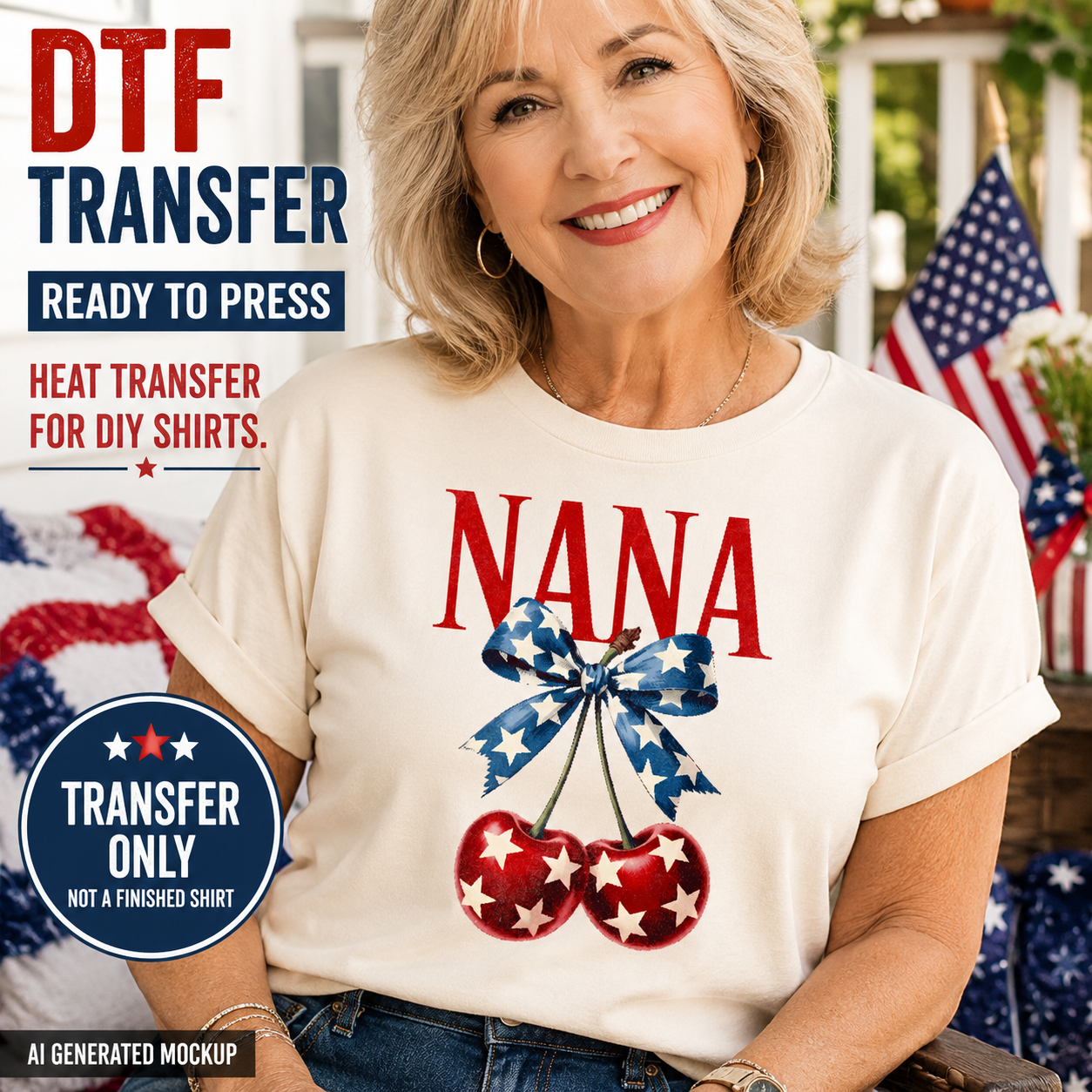 Woman wearing a white t-shirt with 'Nana' and cherry design, with text about DTF transfers.