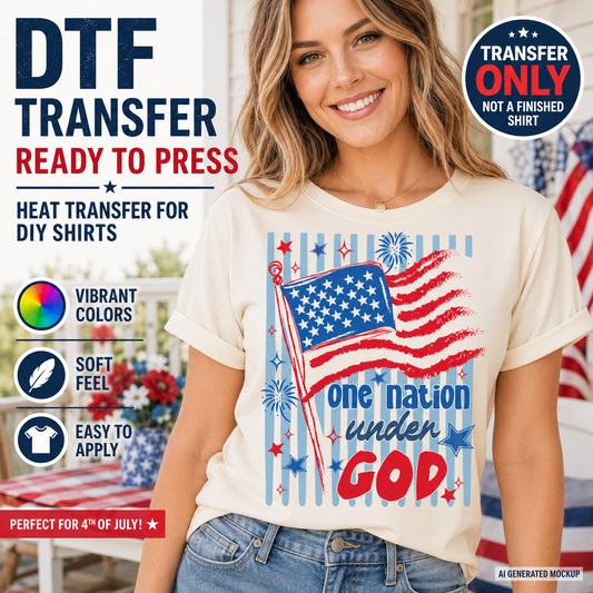 Woman wearing a t-shirt with an American flag design and text, with promotional text about DTF transfers.
