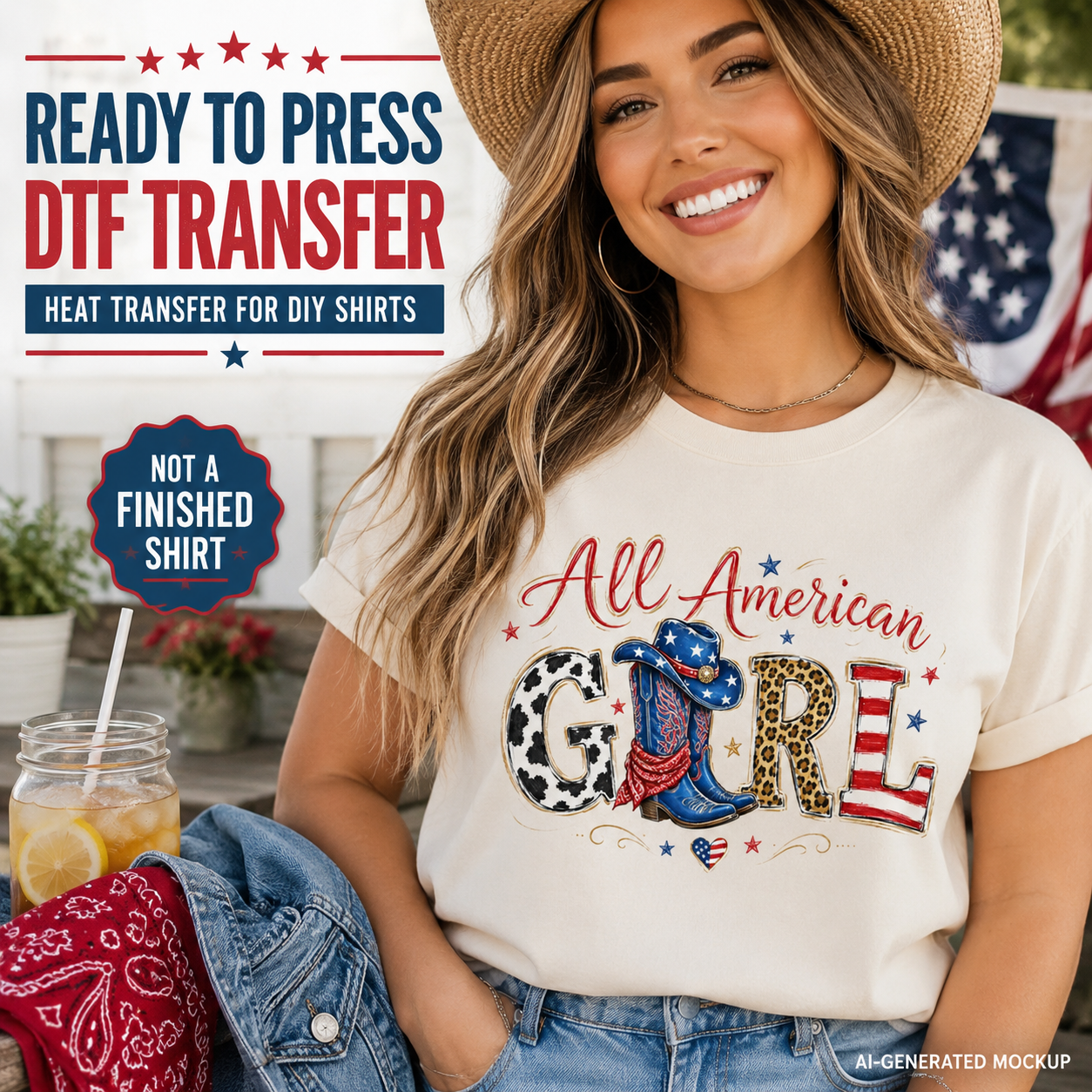 Woman wearing a 'All American Girl' t-shirt with a patriotic design, sitting outdoors.