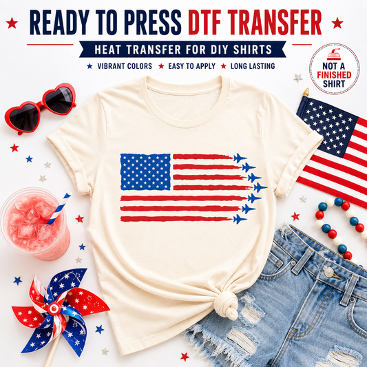 White t-shirt with American flag design, sunglasses, drink, and denim shorts on a white background with promotional text about DTF transfers.