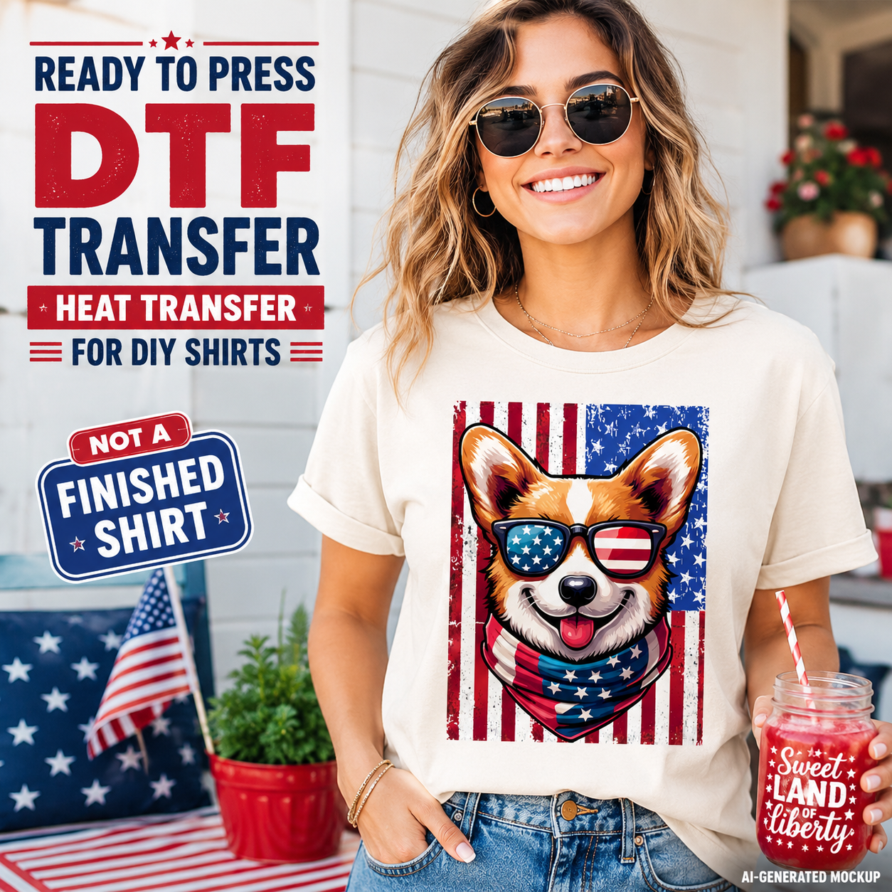 Woman wearing a t-shirt with a dog graphic and American flag design, holding a drink with text about DTF transfers.