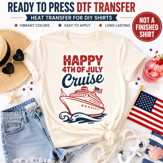 T-shirt with 'Happy 4th of July Cruise' design, surrounded by accessories on a white background