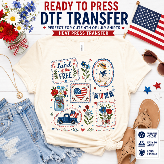 Ready to press DTF transfer mockup featuring a cute patriotic Land of the Free design on a cream shirt with American flag, goose, flowers, vintage truck, denim shorts, sandals, sunglasses, and 4th of July props.